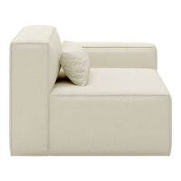 Beige sectional sofa with a minimalist design and textured fabric, featuring a matching throw pillow.