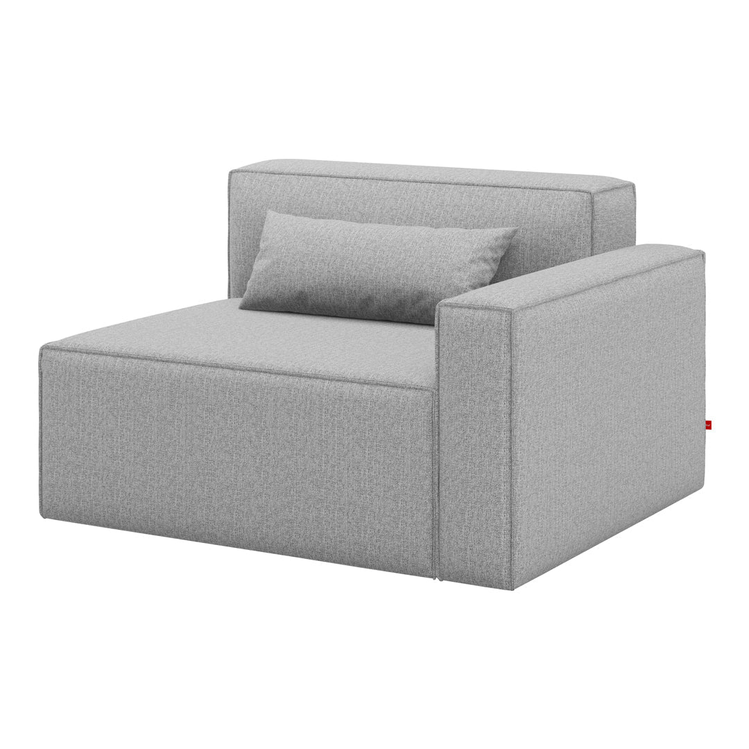 Gray upholstered armchair with a sleek design and subtle fabric texture, featuring a matching throw pillow.