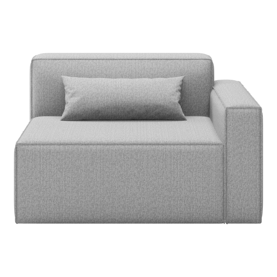 Gray upholstered modular sofa with a minimalist design and a textured fabric pattern. Includes a matching pillow.