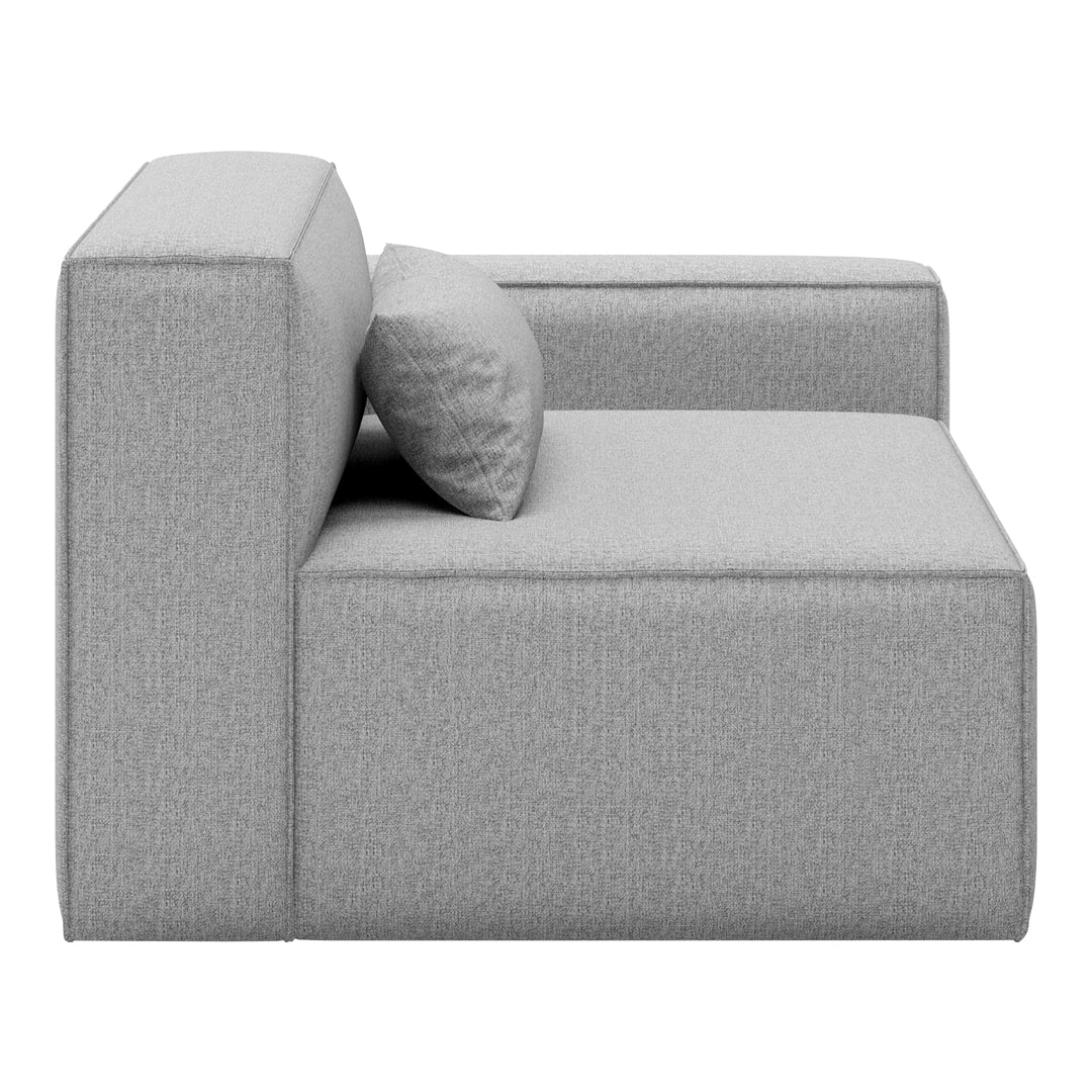 Gray upholstered modular sofa with a smooth texture and minimalist design, featuring a matching decorative pillow.