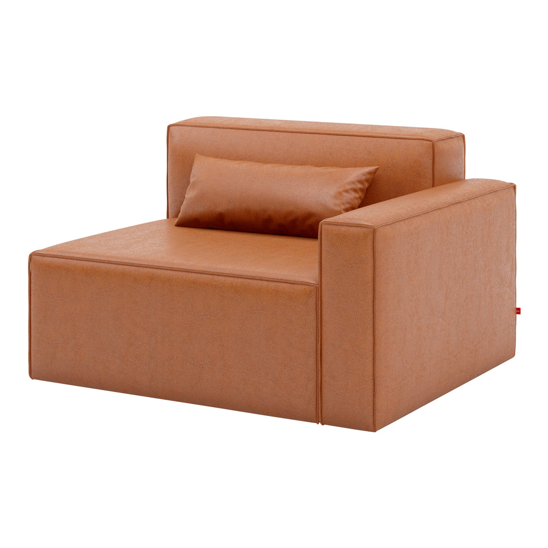 Tan leather armchair with a smooth texture and minimalist design, featuring a removable cushion for added comfort.