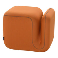 Orange cube-shaped ottoman with a smooth texture and contrasting stitches. Ideal for modern decor.