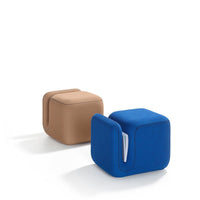 Two modern cube-shaped ottomans: one in a warm tan and the other in a vibrant blue, featuring smooth, minimalist design.