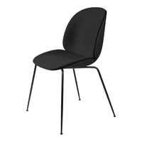 Sleek black chair with a smooth finish and minimalist design, featuring slender black metal legs. Perfect for modern spaces.