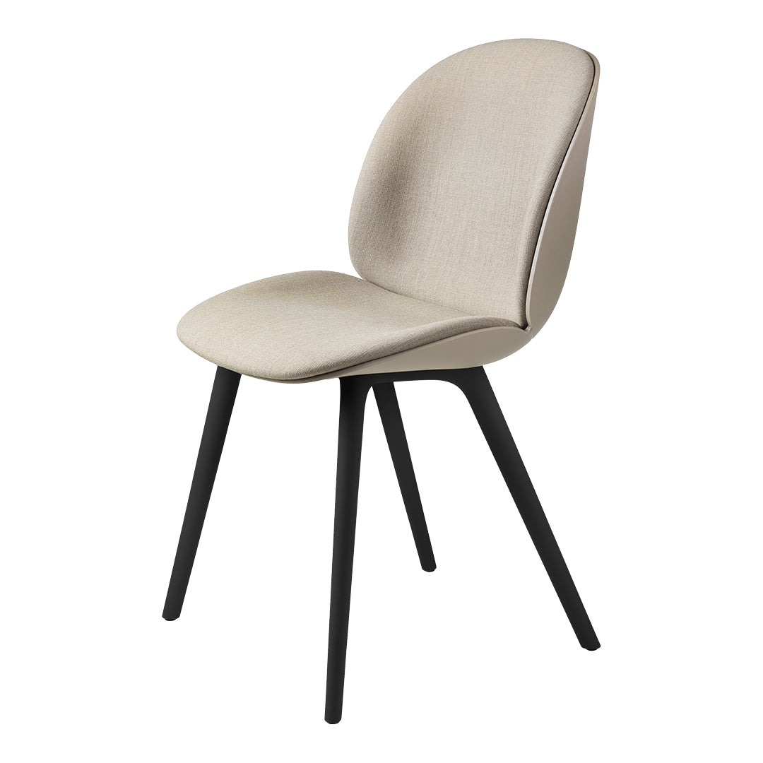 Beige fabric dining chair with sleek black legs, featuring a smooth, minimalist design. Perfect for modern decor.