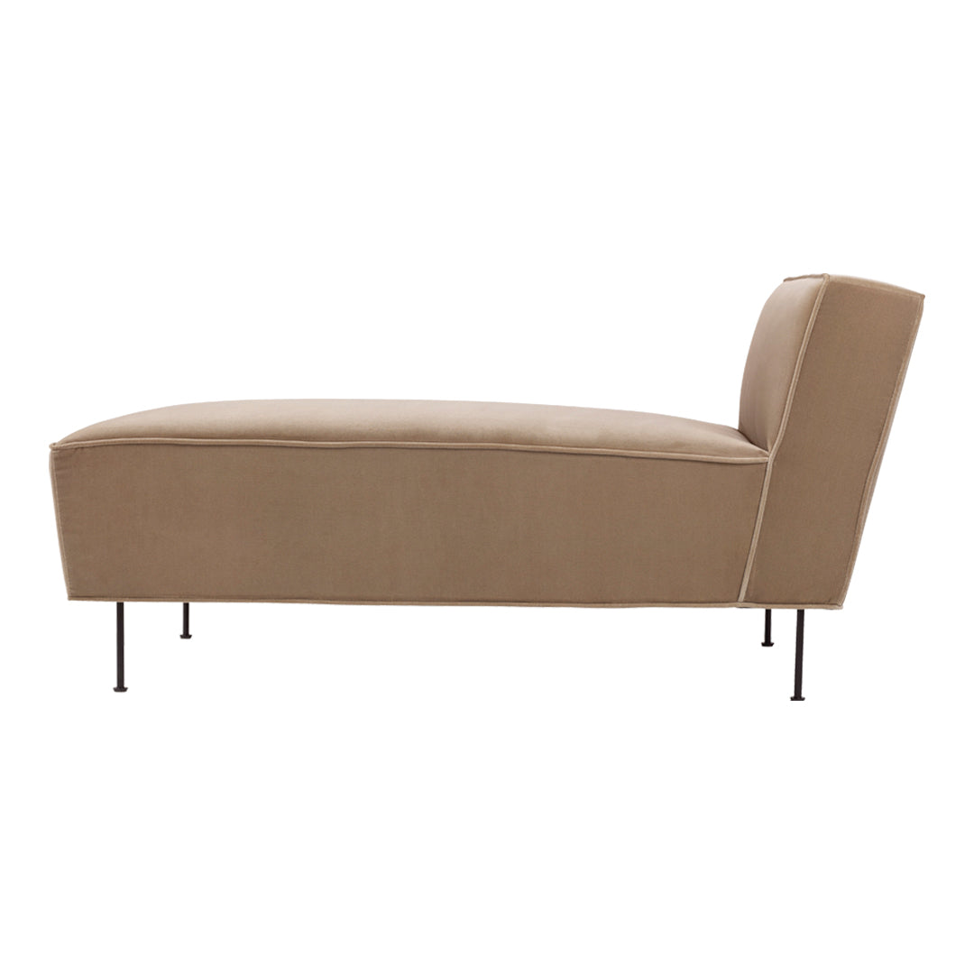 Khaki chaise lounge with a smooth fabric finish and sleek black legs, perfect for modern decor.