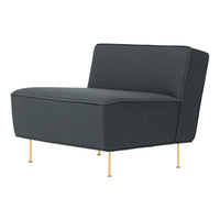 Stylish dark gray upholstered chair with sleek gold legs, featuring a modern, minimalist design.