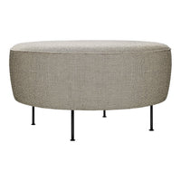 Round ottoman in light gray textured fabric with black metal legs. Modern and versatile design for any living space.