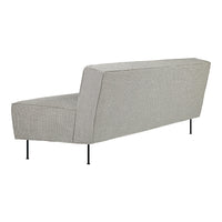 Sleek gray fabric sofa with a minimalist design and textured pattern, complemented by black metal legs.