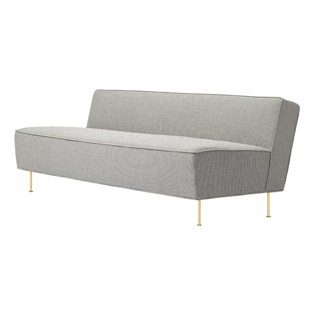 Gray woven sofa with subtle herringbone pattern and sleek gold legs, perfect for modern interiors.