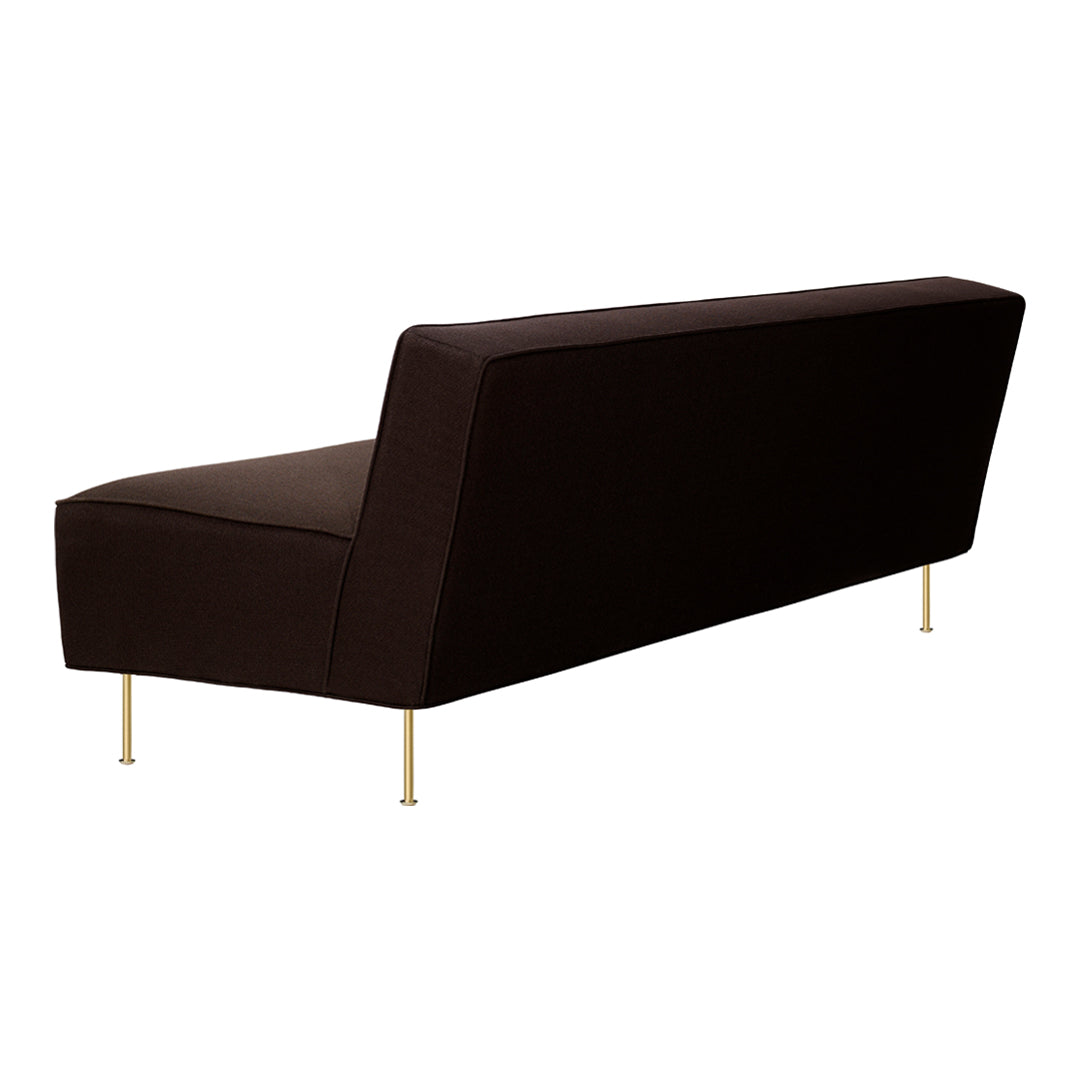 Sleek black sofa with a minimalist design and gold metal legs, perfect for modern decor.