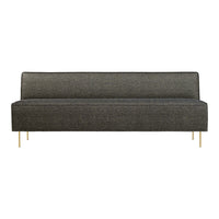 Modern gray sofa with textured fabric, featuring sleek gold legs and minimalist design. Perfect for contemporary decor.