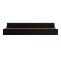Sleek black velvet sofa with clean lines and gold metal legs. Elegant minimalism for modern interiors.