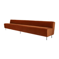 Sleek, modern sofa in rich burnt orange velvet with minimalistic design and metal legs. Perfect for contemporary spaces.