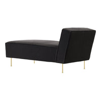 Black velvet chaise lounge with sleek, modern lines and gold legs, perfect for contemporary décor.