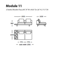 "2-seater module in neutral tones with geometric wooden pattern accents, perfect for modern living spaces."