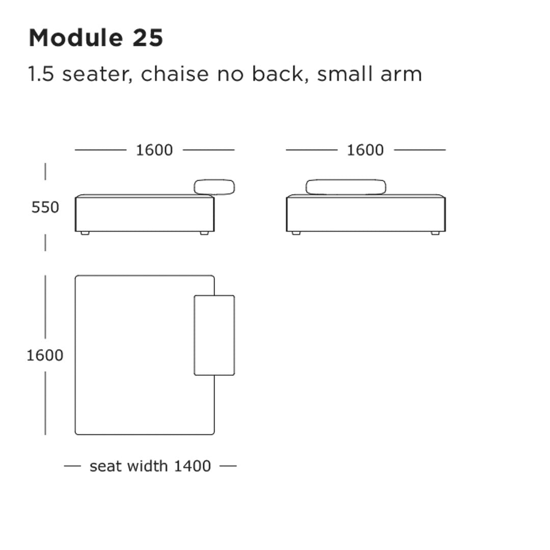 "Module 25 chaise in solid color design, featuring clean lines and modern aesthetic."