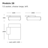 "Minimalist diagram of a left-facing 1.5 seater chaise in soft gray with sleek lines and no patterns."