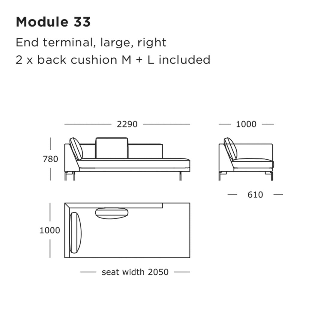 Stylish large right-end sofa in a solid color with simple, elegant lines and two complementary back cushions.