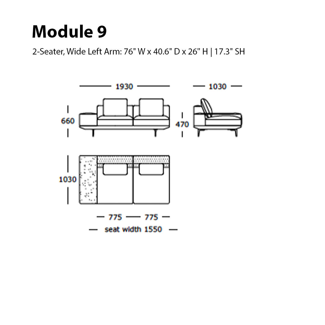 "Two-seater sofa in sleek gray fabric with minimalist design and soft cushions."