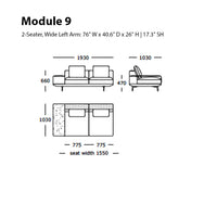 "Two-seater sofa in sleek gray fabric with minimalist design and soft cushions."