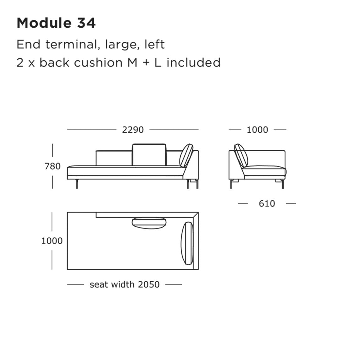 "Large left-end terminal sofa design in neutral tones, featuring soft back cushions and clean lines."