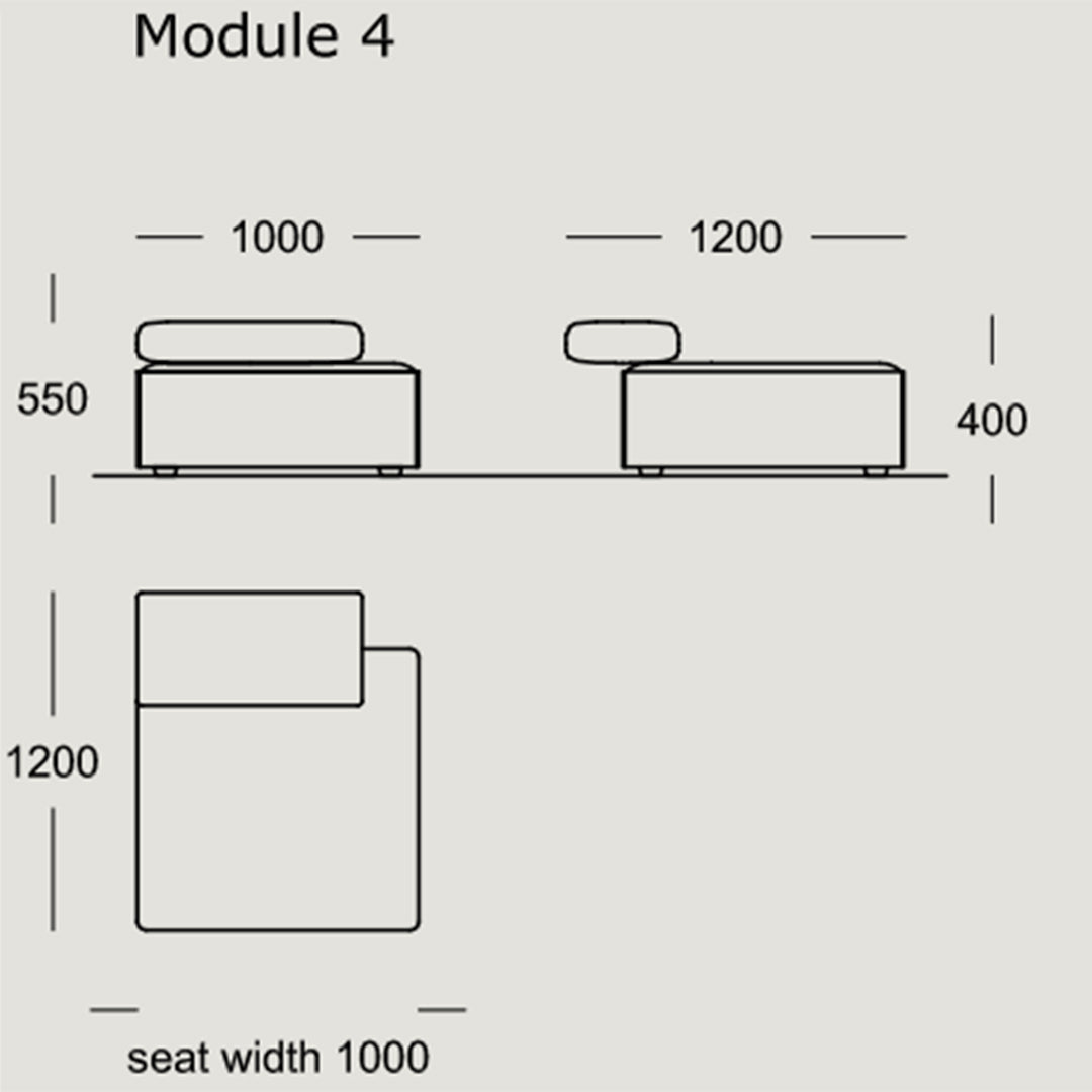 "Outline illustration of Module 4 sofa with neutral tones and minimalist design, showcasing dimensions and structure."