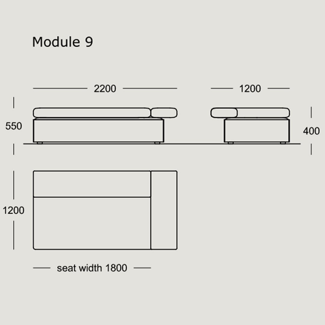 Detailed dimensions and layout of Module 9 sofa in soft gray with clean, modern lines. Perfect for contemporary decor.