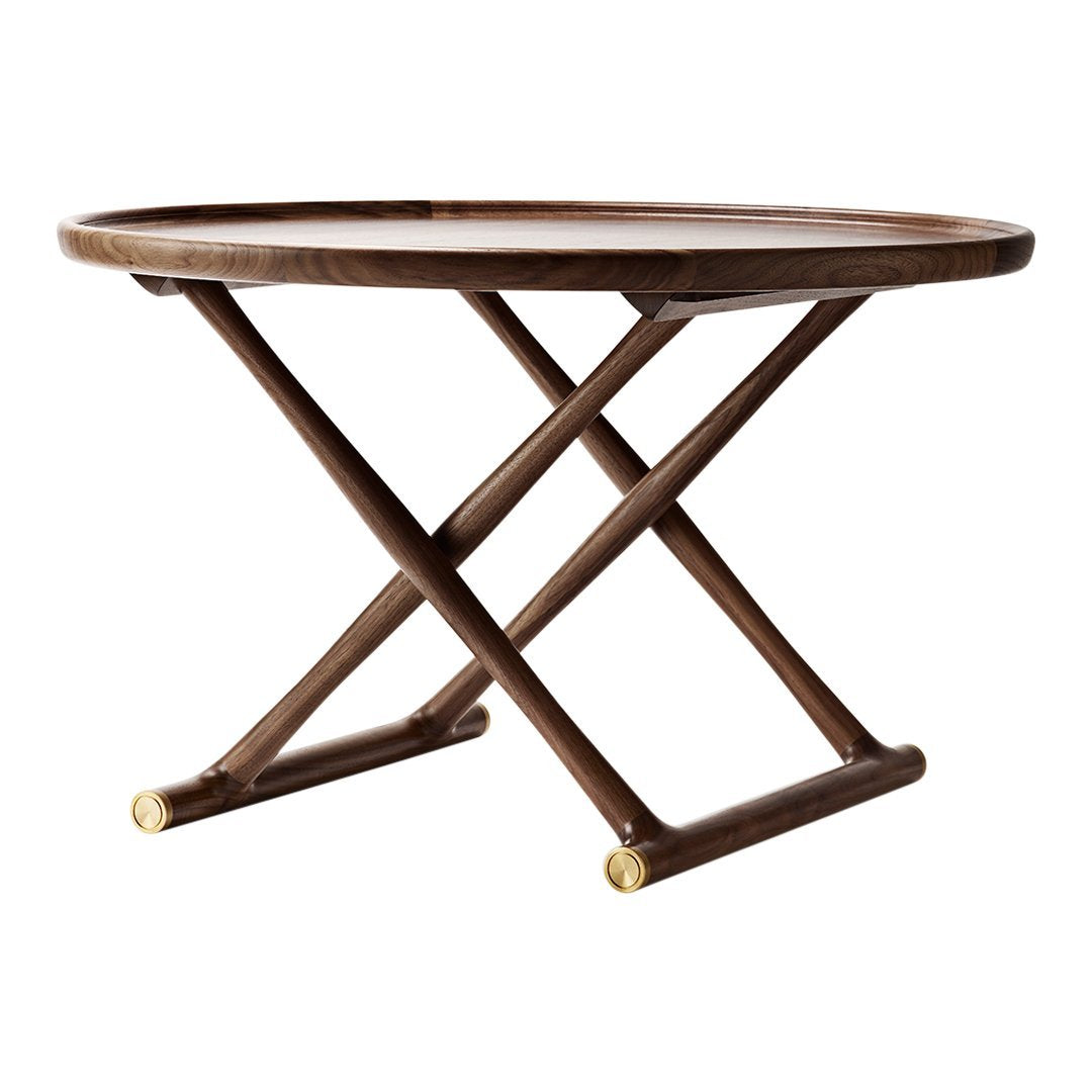 Wooden round table with a rich walnut finish and brass accents, featuring a classic cross-legged design.