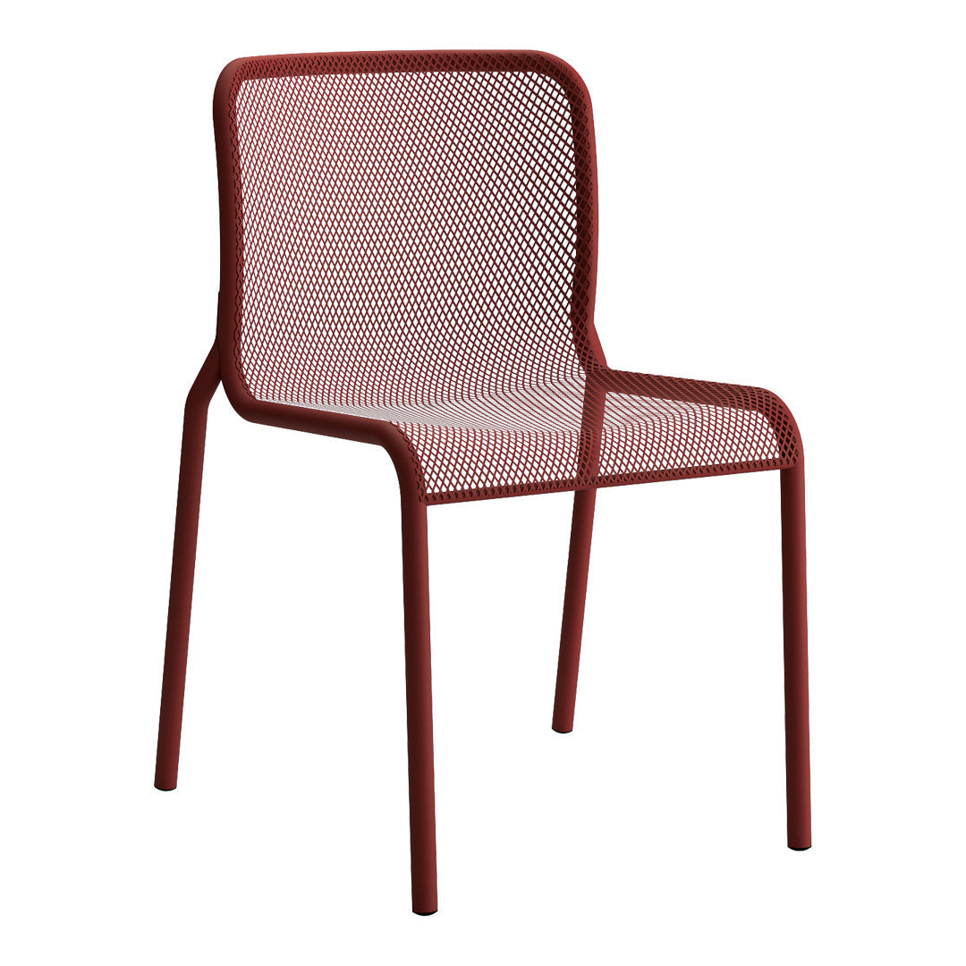 Red mesh chair with a minimalist design and open weave pattern, perfect for modern decor.