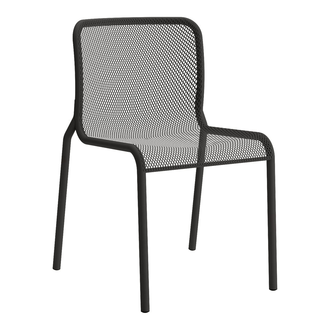 Black mesh dining chair with a sleek, minimalist design and subtle geometric pattern for modern decor.