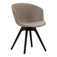 Beige upholstered chair with a smooth texture and dark wooden legs, offering a modern, minimalist design.