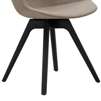 Beige upholstered chair with a smooth finish and black wooden legs, featuring a sleek, modern design.