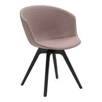 Soft pink upholstered chair with a sleek black wooden base, featuring a modern curved design.