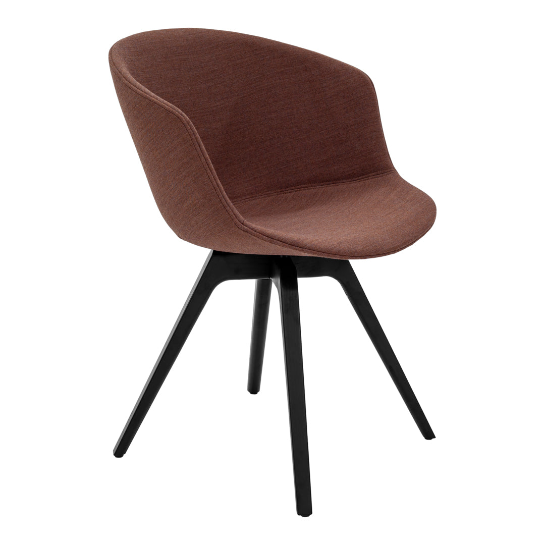 Brown upholstered chair with a smooth finish and black wooden legs for a modern, stylish look.