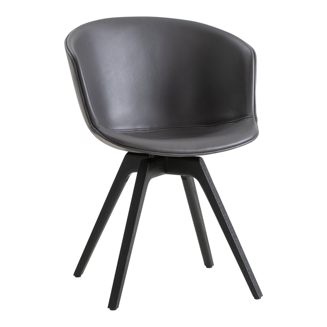 Stylish black upholstered chair with a smooth surface and sleek black legs, perfect for modern decor.