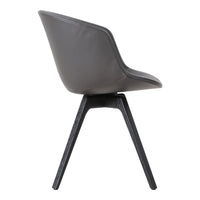 Gray upholstered chair with a smooth finish and sleek black wooden legs. Modern, minimalist design.