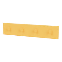 Yellow wall-mounted coat rack with four round hooks on a smooth surface, ideal for modern decor.