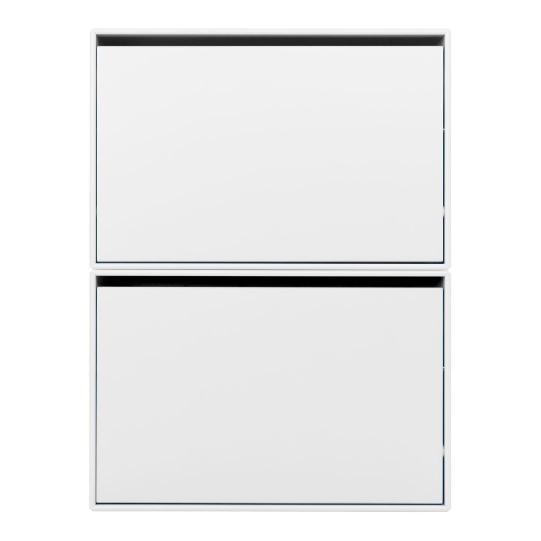 Minimalist white double-door refrigerator with a sleek stainless steel trim, featuring a smooth, matte finish.