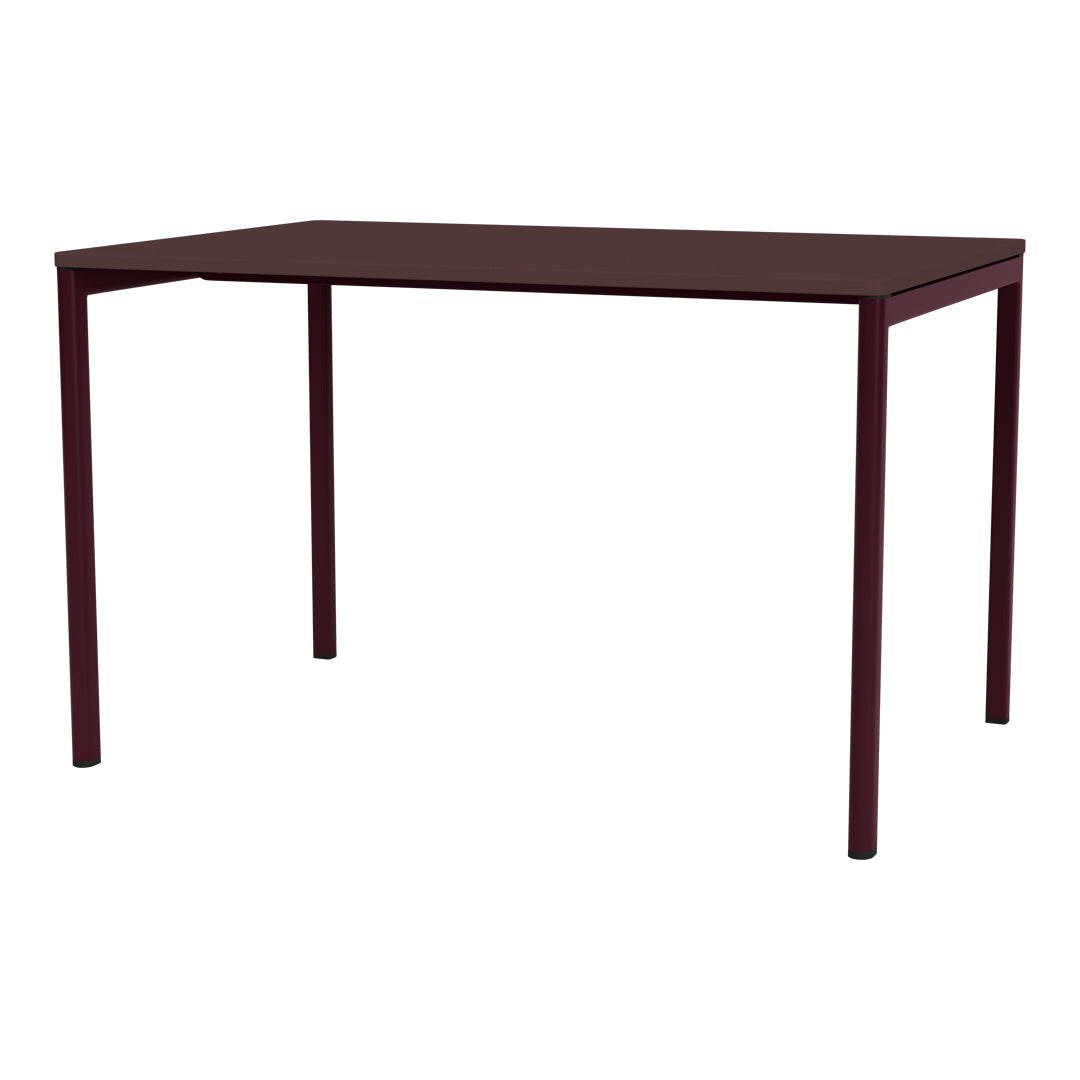 Burgundy rectangular table with a minimalist design and smooth surface, ideal for modern dining spaces.