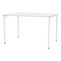 White rectangular table with sleek, minimalist design and smooth surface. Perfect for modern decor.