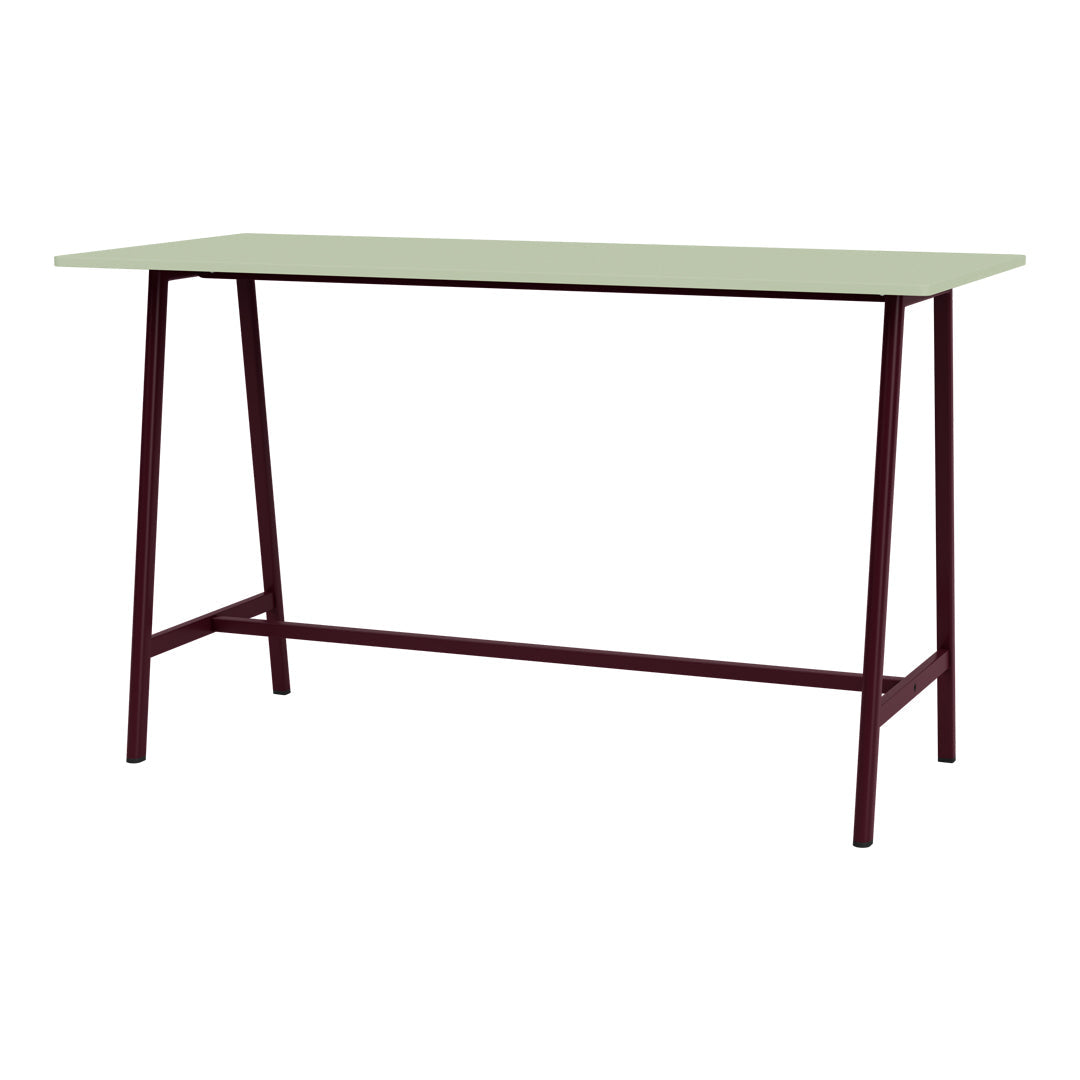 Light green tabletop with maroon legs, modern design, perfect for stylish living spaces.