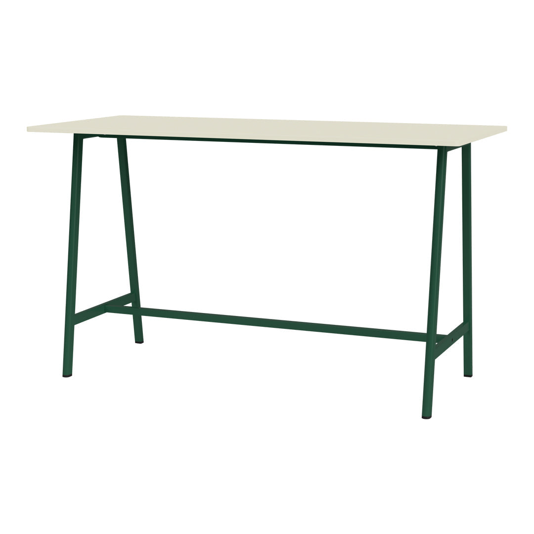 Modern rectangular table with a cream top and dark green metal legs, perfect for contemporary decor.