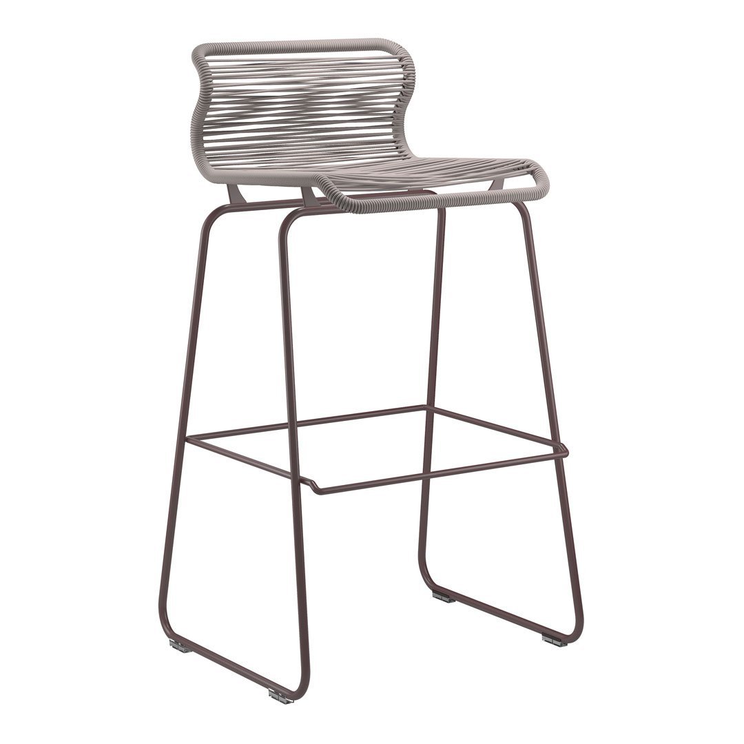 Gray woven bar stool with a modern design and sleek metal framework, ideal for contemporary spaces.