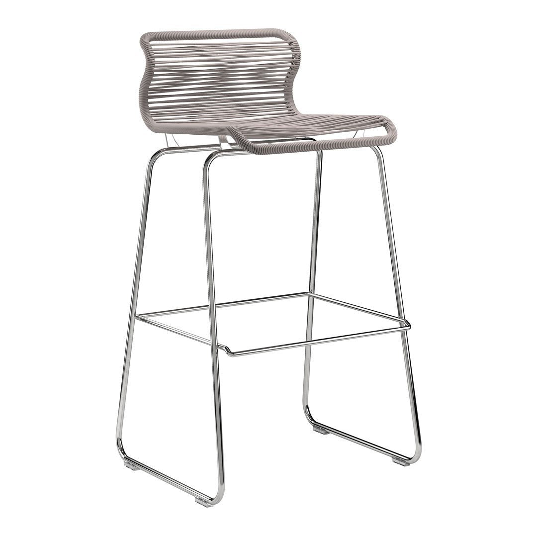 Modern bar chair with a sleek, gray striped seat and chrome finish legs, perfect for contemporary decor.