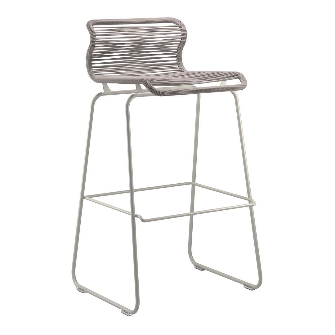 Stylish bar stool in light gray with a textured, ribbed seat and sleek white metal frame, perfect for modern decor.