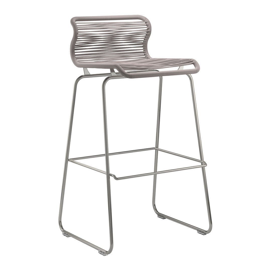 Modern bar stool with a sleek gray striped seat and minimalist silver frame, perfect for any contemporary space.