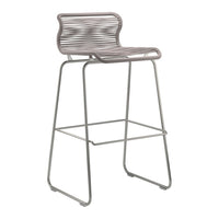 Modern bar stool with a sleek gray striped seat and minimalist silver frame, perfect for any contemporary space.