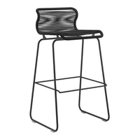 Black metal bar stool with a striped seat design and sleek, minimalistic lines for modern decor.