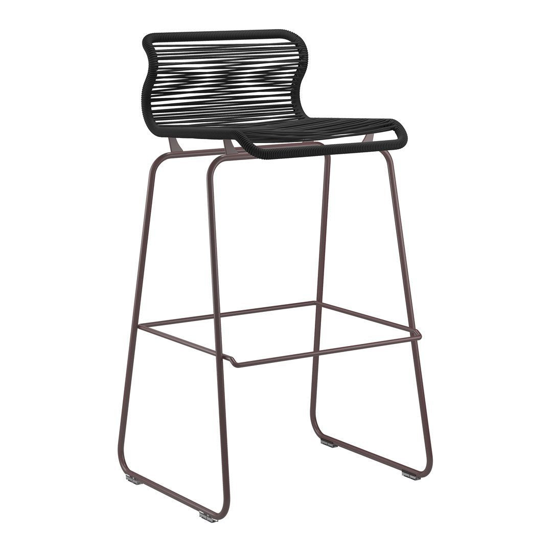 Black striped seat with a minimalist silhouette and brown metal legs, perfect for modern decor.